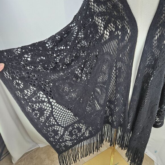 Black Butterfly Shawl Wrap Black Floral Lace Knit Fringe Boho OS - Picture 3 of 8